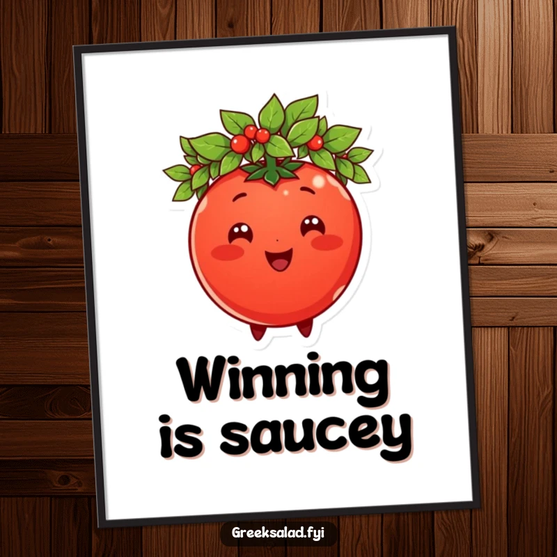 Funny tomato character crowned with a laurel wreath, displayed as a vibrant poster, bringing regal humor to any room.