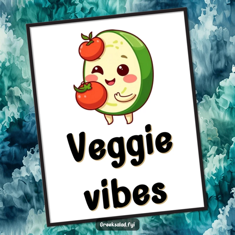Funny poster depicting a shy cucumber slice character with a small smile, holding a cherry tomato, adding cute veggie art to walls.