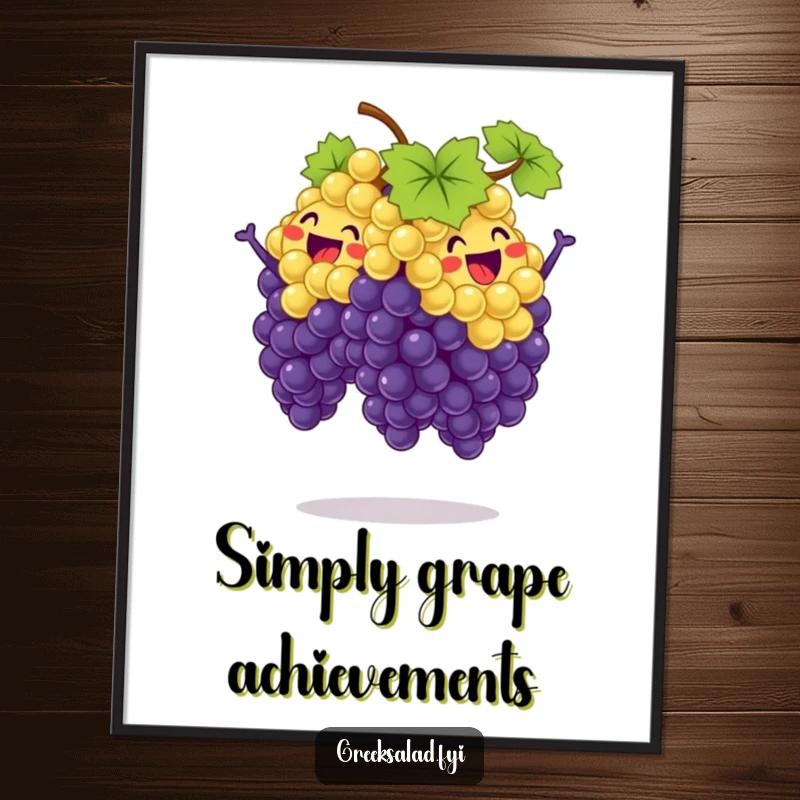 Funny poster art of a bunch of grapes joyfully performing a synchronized jump, celebrating their collective energy and vibrant fruit personality.
