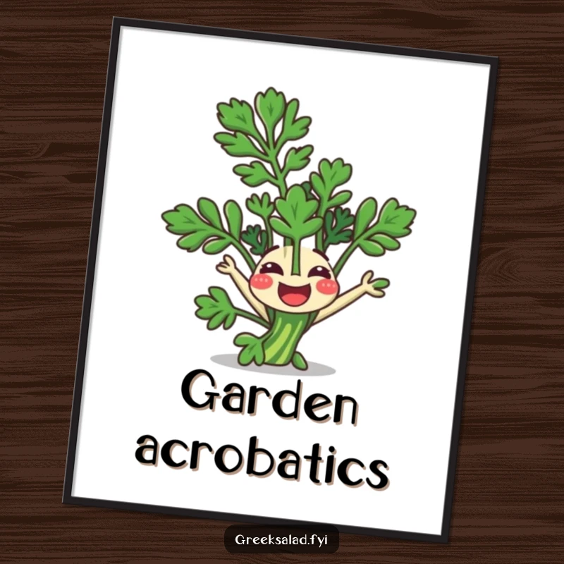 Funny Poster: A happy parsley sprig joyfully performs a somersault, a humorous and fresh art piece.
