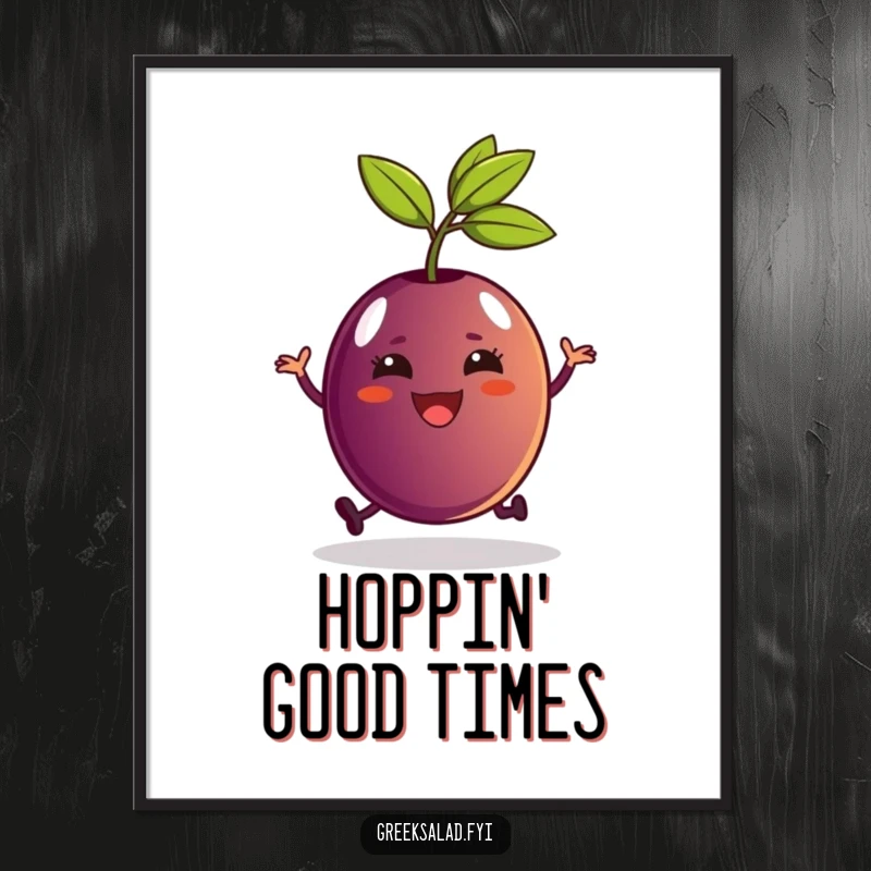 Funny Kalamata olive, joyful and hopping with its stem, displayed as a humorous art print for wall decor.