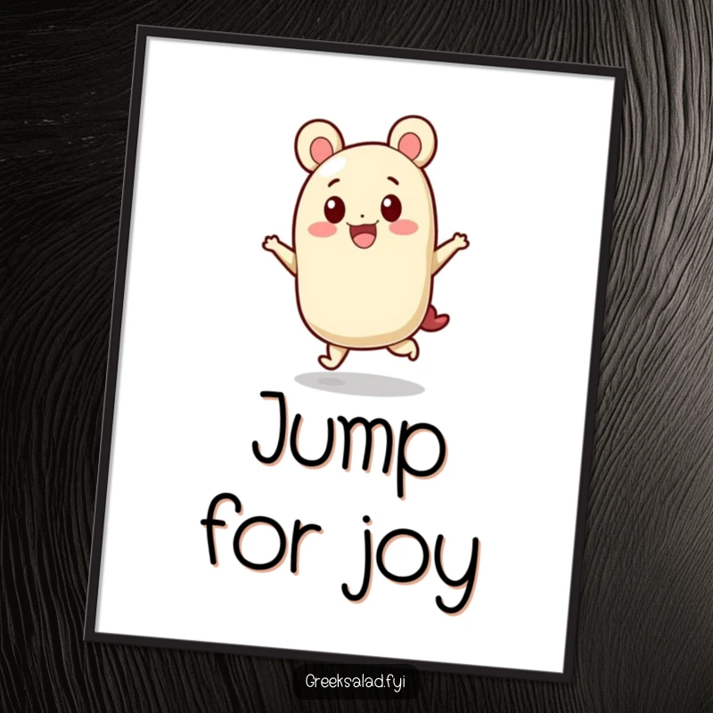 Funny poster art of a feta cheese block character mid-hop, radiating pure, cheesy excitement and joy.