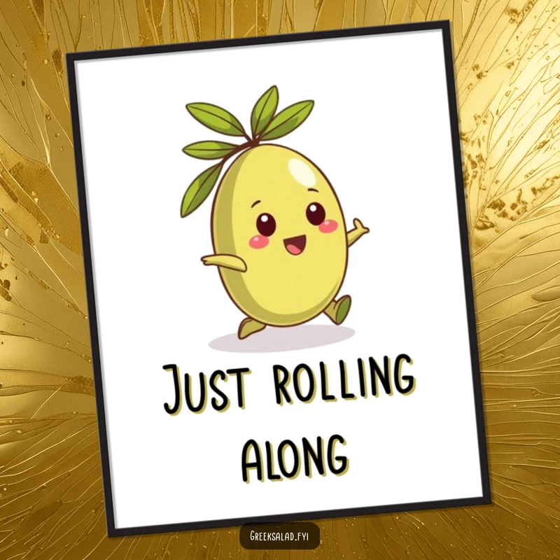 Funny poster displaying a playful Greek olive character rolling around happily, bringing Mediterranean humor to wall art.