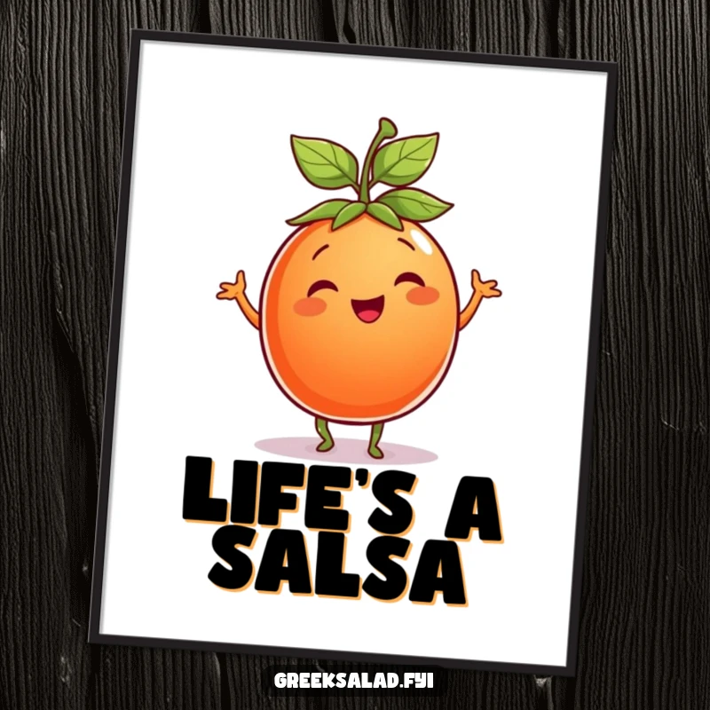 Funny Tomato Poster: A smiling tomato wearing a leaf hat dances energetically, spreading pure, vibrant joy and fun.