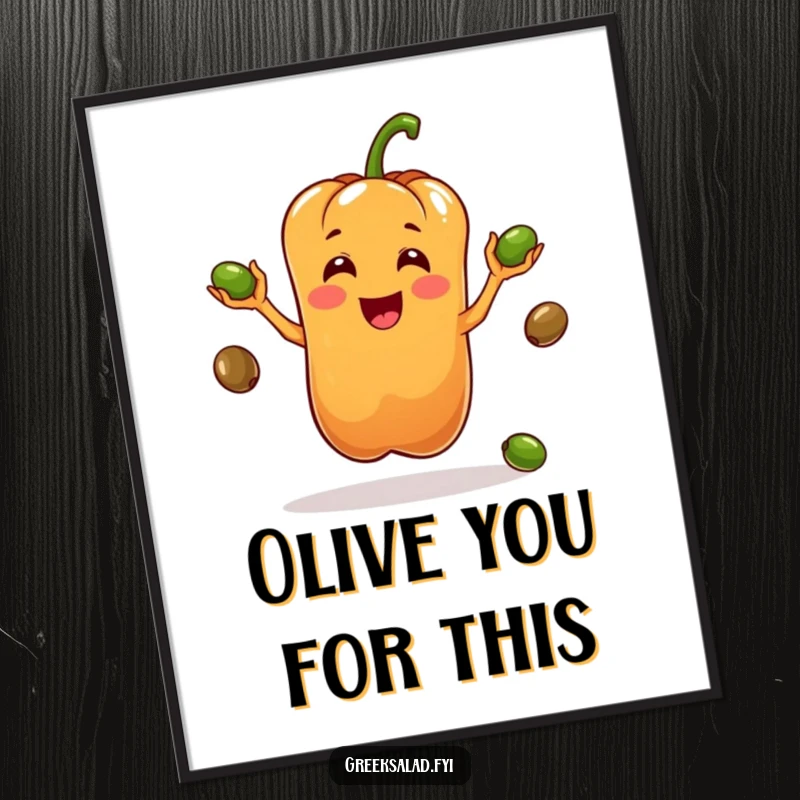 Funny poster featuring a bell pepper character in the midst of juggling olives, creating a whimsical and humorous visual display.