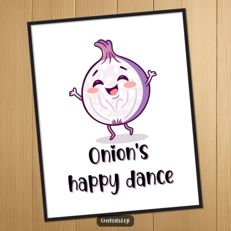 Funny poster art featuring a giggling purple onion slice cartoon character captured mid-dance with joyful abandon.