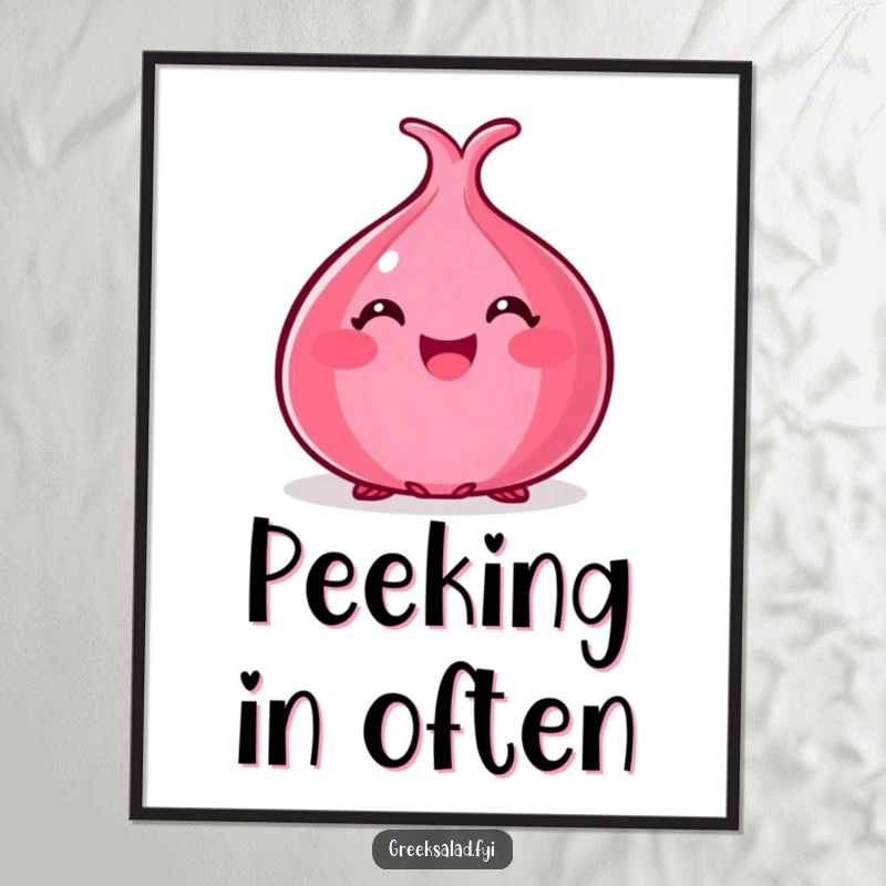 Funny poster print of a happy red onion peeking out, adding whimsical veggie humor to any wall.