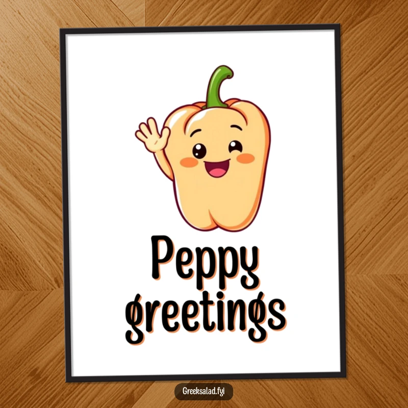 Funny poster of a grinning bell pepper segment doing a cheerful wave, bringing friendly vibes to wall decor.