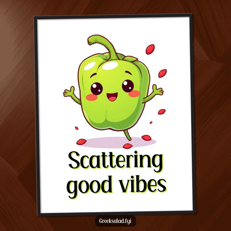 Funny cheerful bell pepper character bouncing playfully and scattering seeds, displayed as energetic wall art on a poster.