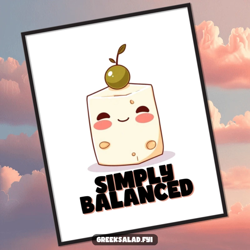 Funny Feta Cheese Olive Poster: A blushing feta cube balances an olive, a cute and humorous food art piece.