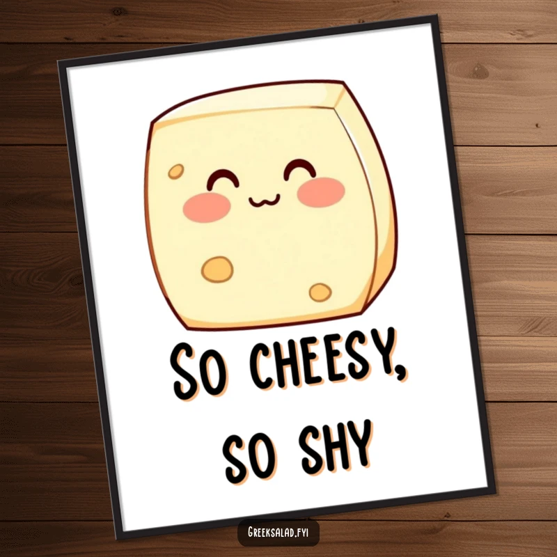 Funny poster of a shy feta cheese block blushing sweetly, adding a touch of innocent humor and adorable charm to wall decor.