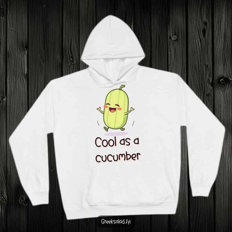 Funny cucumber hoodie with a cheerful character in a joyful roll, ideal for staying warm and stylish with a humorous twist.