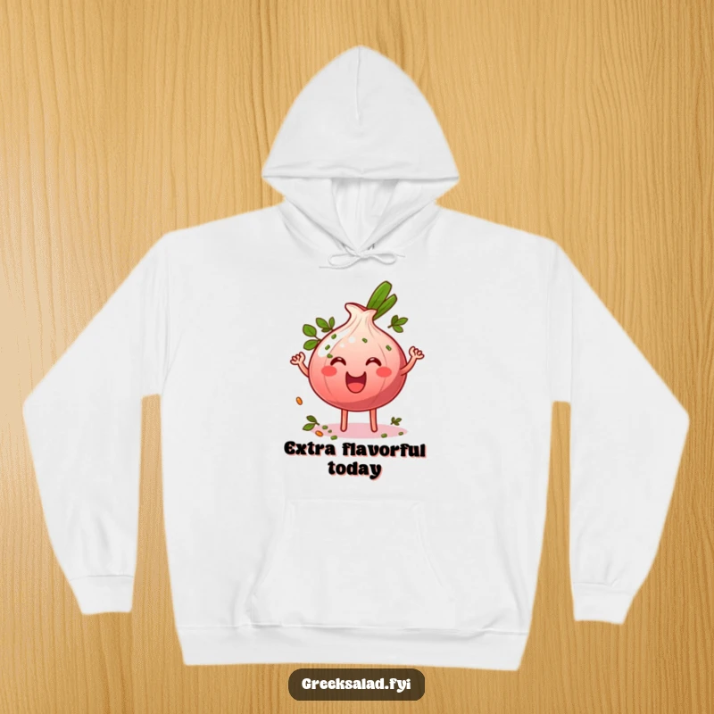 Funny grinning red onion ring character wiggling energetically and sprinkled with herbs on a cozy hoodie, joyful foodie apparel.