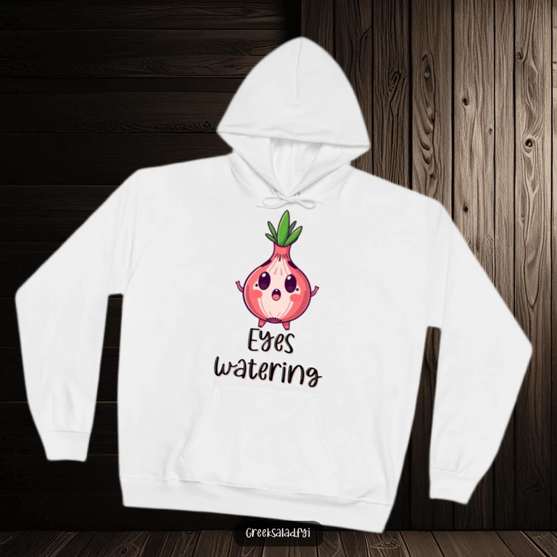 Funny, comfortable hoodie featuring a surprised red onion character with expanding rings, ideal for expressing shock and coziness.