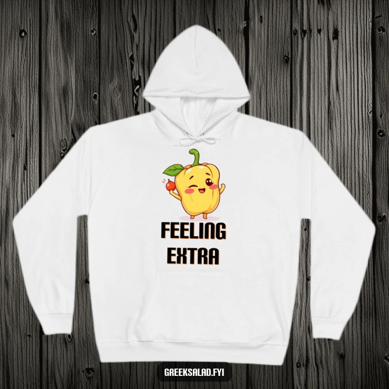 Funny, comfortable hoodie featuring a happy bell pepper character winking and tossing a caper, ideal for cozy, cheerful moments.