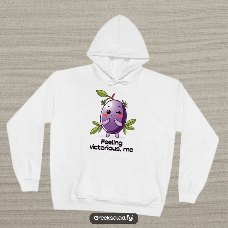 Funny hoodie featuring a delighted Kalamata olive in a laurel wreath, offering cozy sophistication and Mediterranean humor.