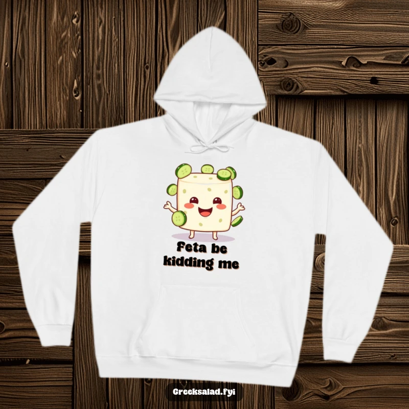 Funny feta cheese cube character juggling small cucumber slices, designed on a soft, warm hoodie for ultimate comfort.