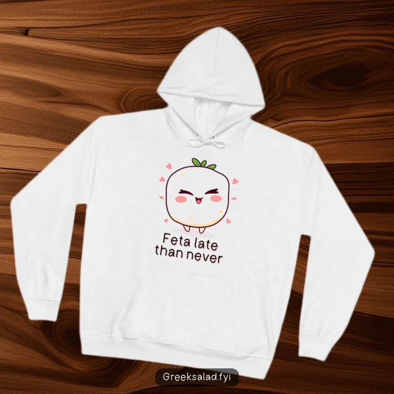 Funny winking feta cheese hoodie with a jolly character winking mischievously, perfect for staying warm with a humorous twist.