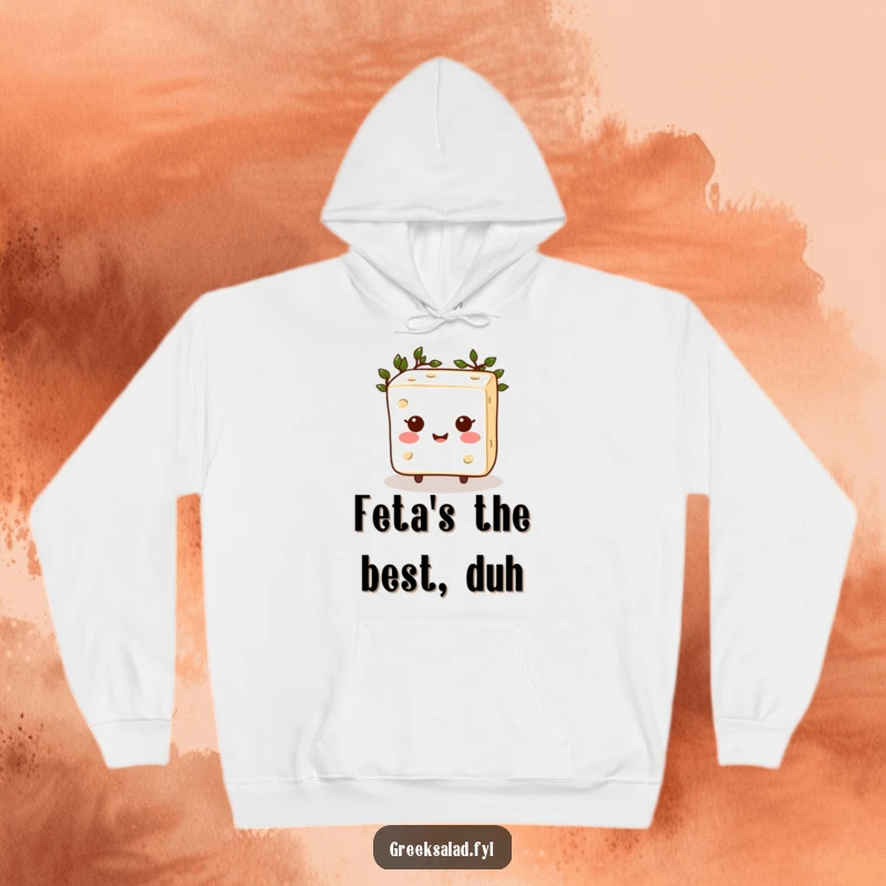 Funny Feta Cheese Hoodie: A smiling feta cheese cube wearing a laurel wreath, looking regal and ready for a cozy, fun day.