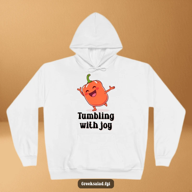 Funny Bell Pepper Cartwheel Hoodie: A jubilant bell pepper with a wide grin does a cartwheel, providing cozy fun.