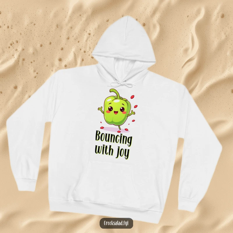 Funny cheerful bell pepper character bouncing playfully and scattering seeds on a cozy hoodie, cozy playful fun.