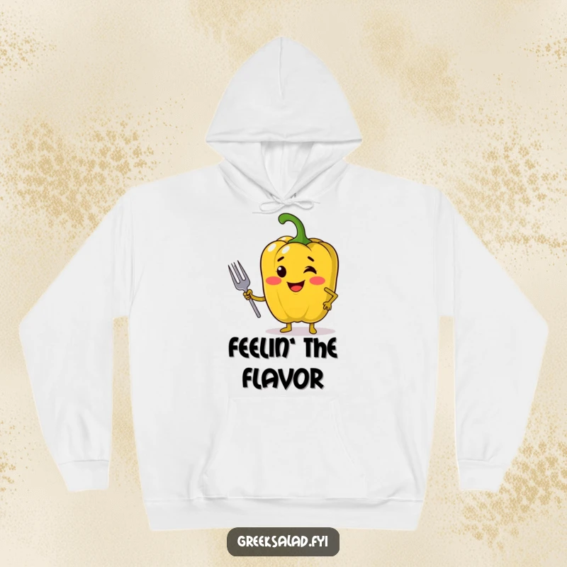 Funny hoodie featuring a jolly bell pepper in a confident pose with a mini fork, perfect for anyone with a hearty appetite and sense of humor.
