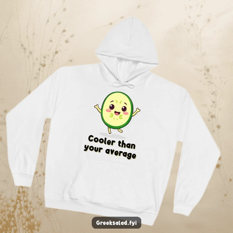 Funny Hoodie with a vibrant, cheerful cucumber slice performing an energetic jump, full of playful cartoon spirit.