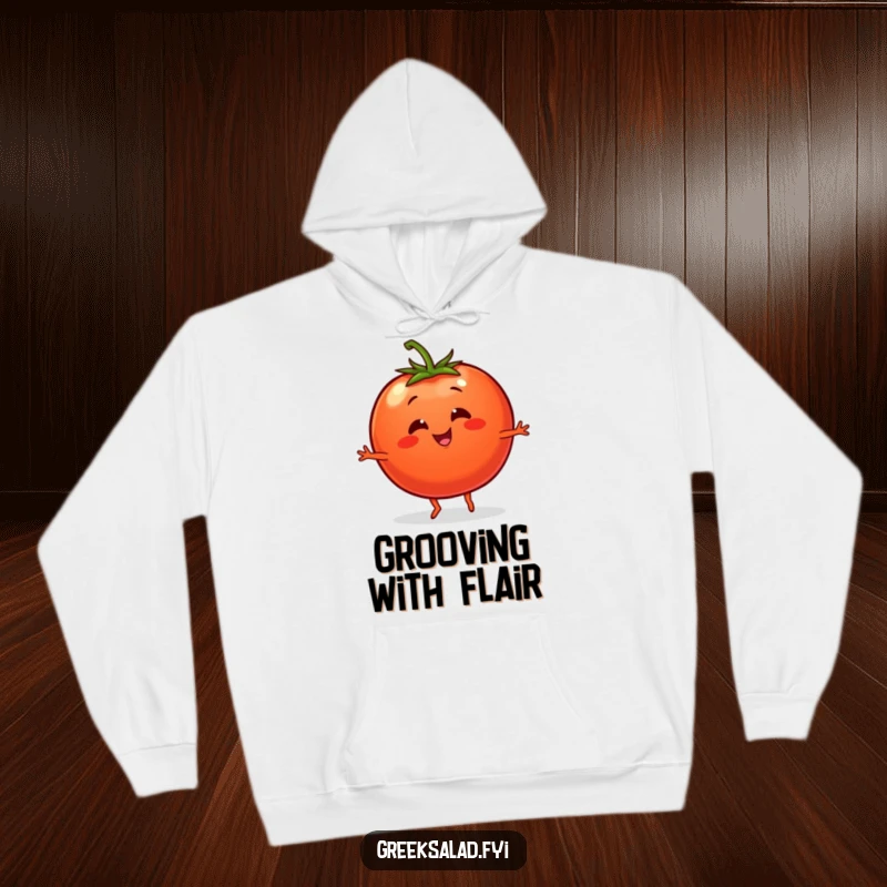 Funny hoodie showcasing a smiling tomato character with tiny legs doing a spirited and joyful dance.