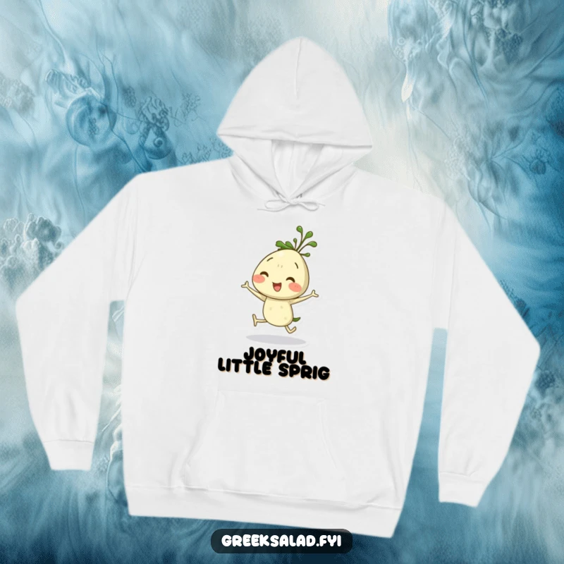 Funny dill sprig hoodie featuring a delightful herb character doing a happy hop, perfect for cozy, cheerful days.
