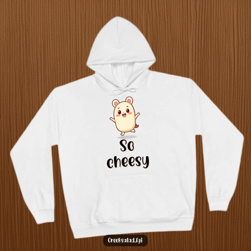 Funny, cozy hoodie showcasing a feta cheese block character performing a cheerful hop, ideal for spreading cheesy warmth.