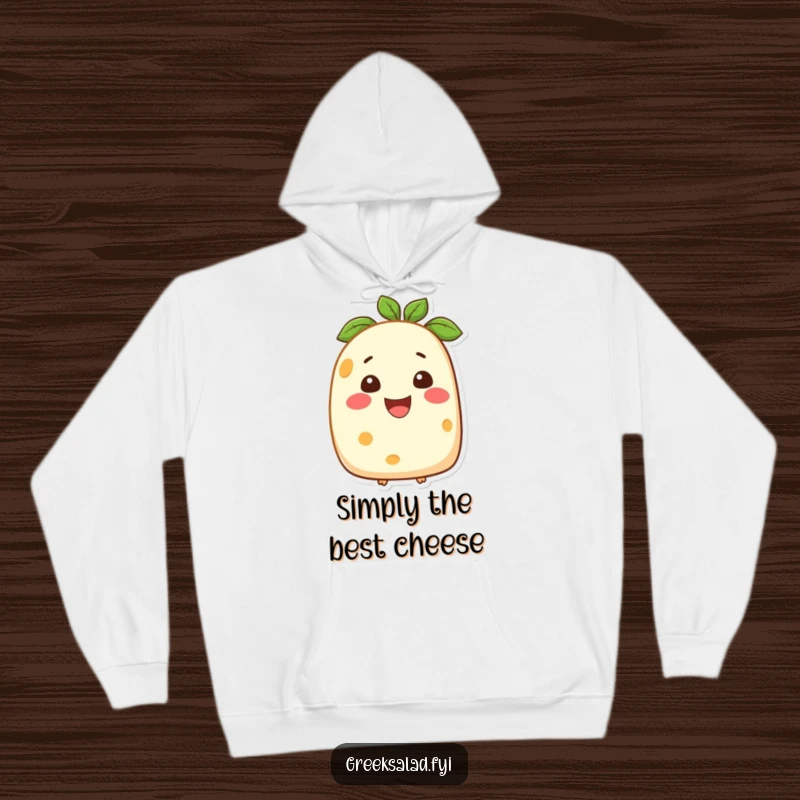Funny hoodie featuring a smiling feta cheese character, offering warmth and a delightful dose of dairy-themed humor.