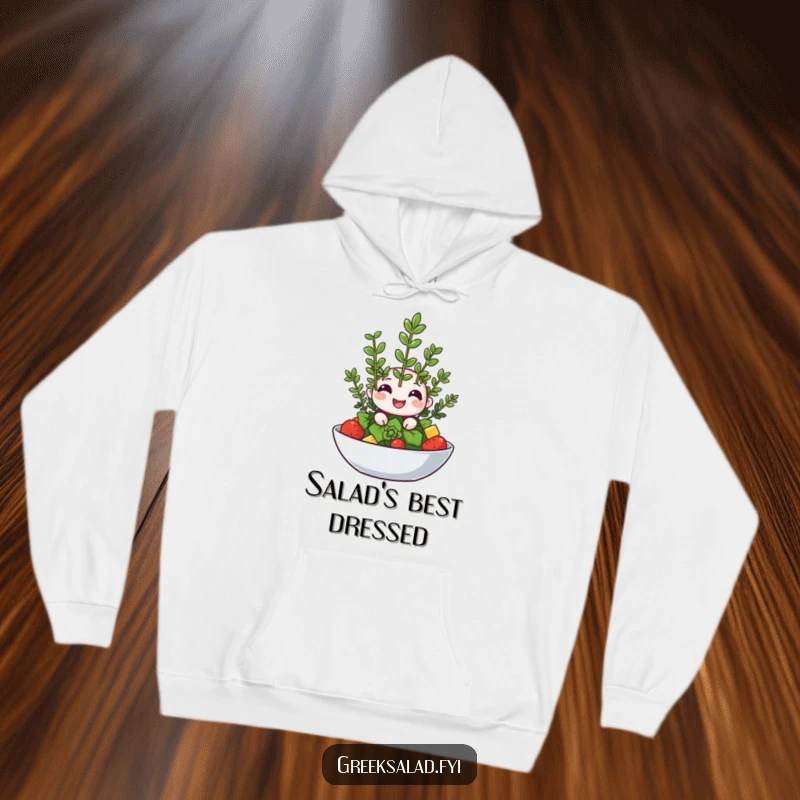 Funny hoodie depicting a happy oregano sprig winking from atop a salad, offering cozy herbal wit.