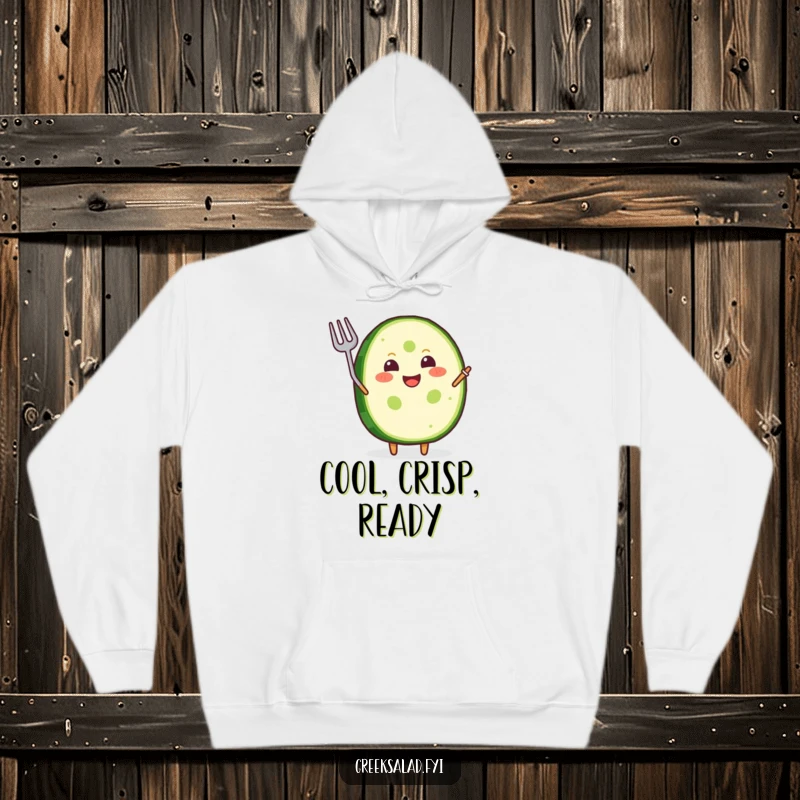 Funny Hoodie: A joyful cucumber slice grins and waves a tiny fork, designed for cozy fun.