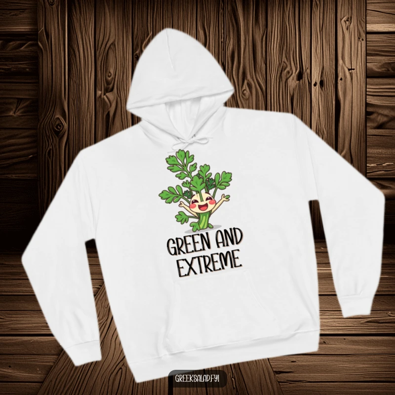 Funny Hoodie: A happy parsley sprig performs a somersault, designed for cozy, fresh fun.