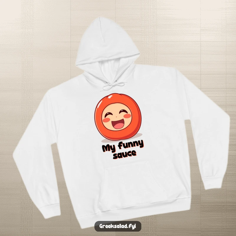Funny hoodie illustration of a cheerful tomato character rolling with laughter, offering cozy comfort and a hearty dose of veggie humor.
