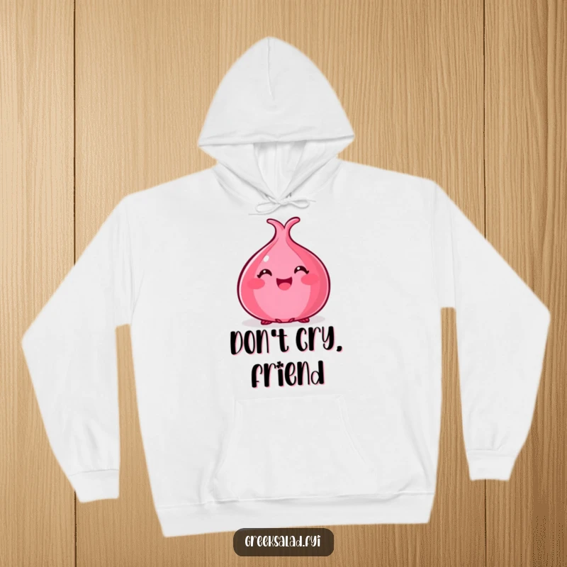Funny hoodie with a happy red onion peeking out, perfect for cozying up with vegetable-themed humor.