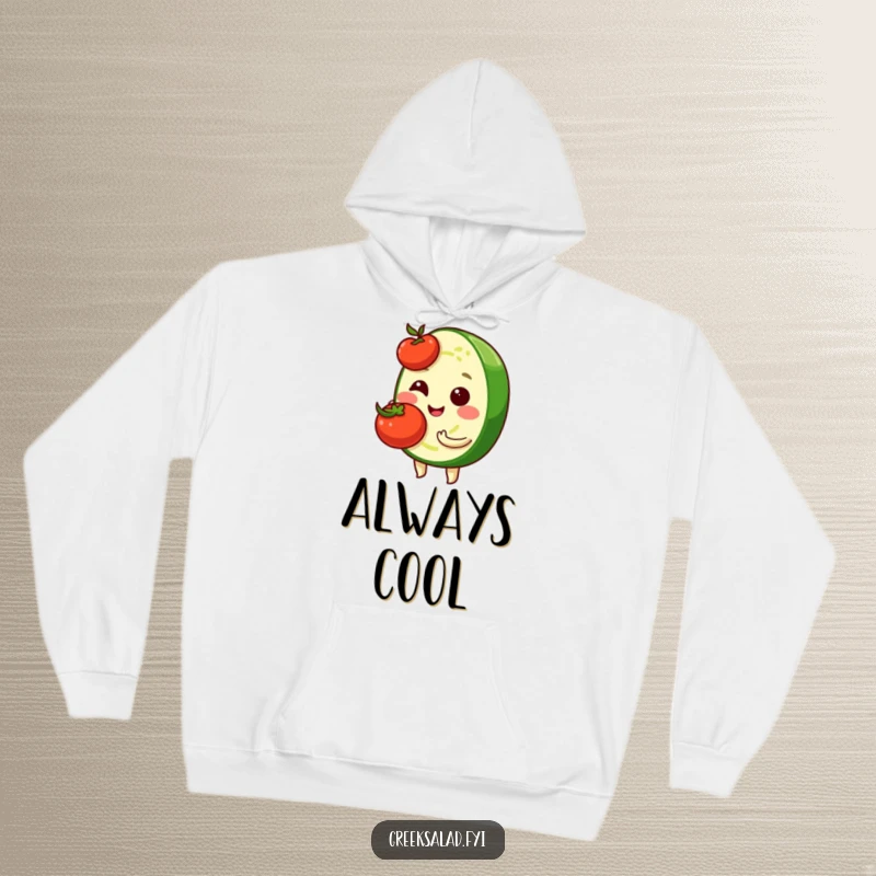 Funny hoodie with a shy cucumber slice character smiling softly while holding a cherry tomato, designed for ultimate comfort and humor.