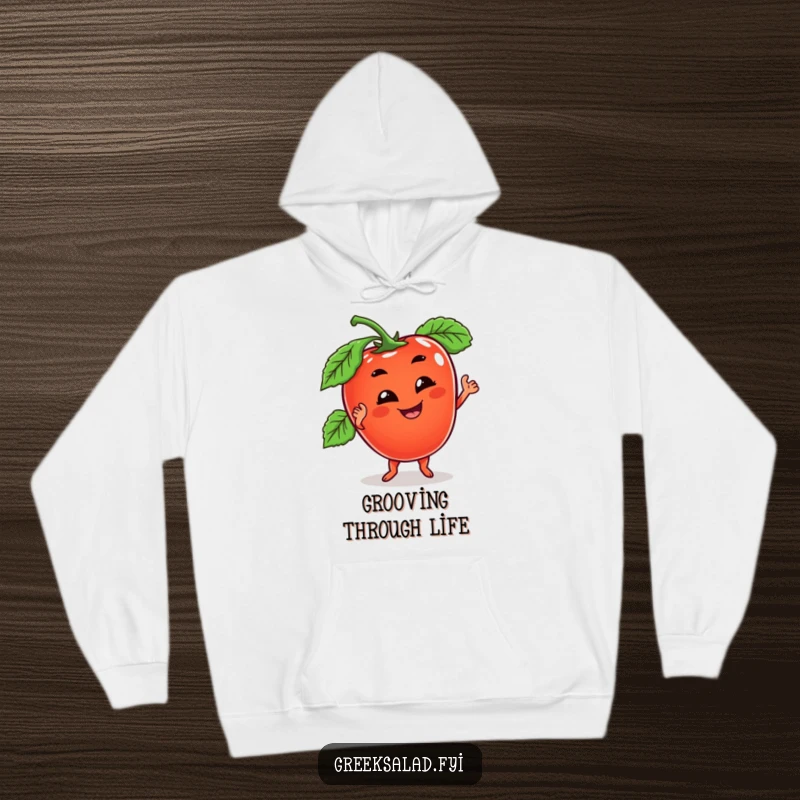 Funny hoodie featuring a cheerful tomato character with a goofy grin, doing a wobbly dance, perfect for cozy, humorous vibes.