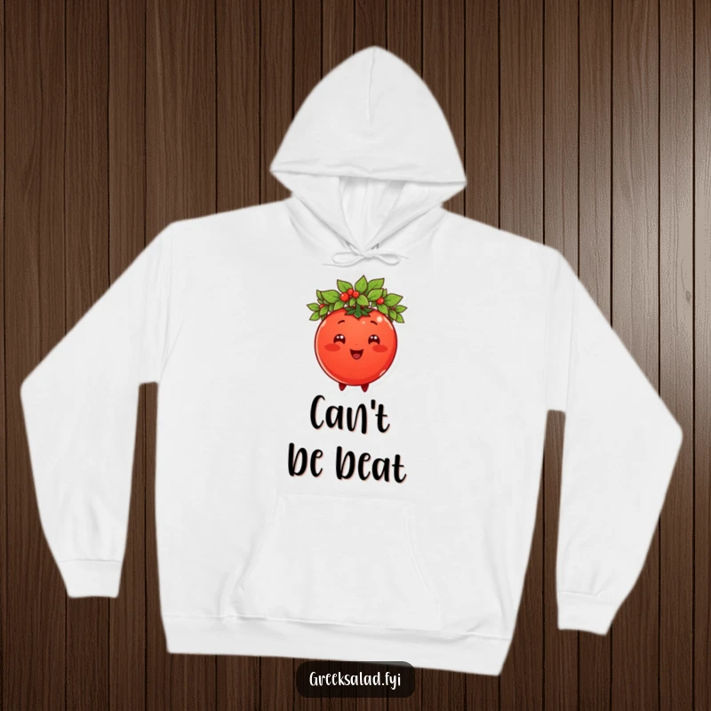 Funny tomato character wearing a laurel wreath, printed on a cozy hoodie, conveying a feeling of warm, regal humor.