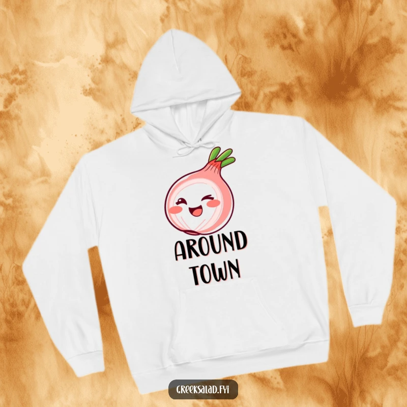Funny Hoodie featuring a playful red onion ring winking cheekily, offering warmth and a touch of playful humor.