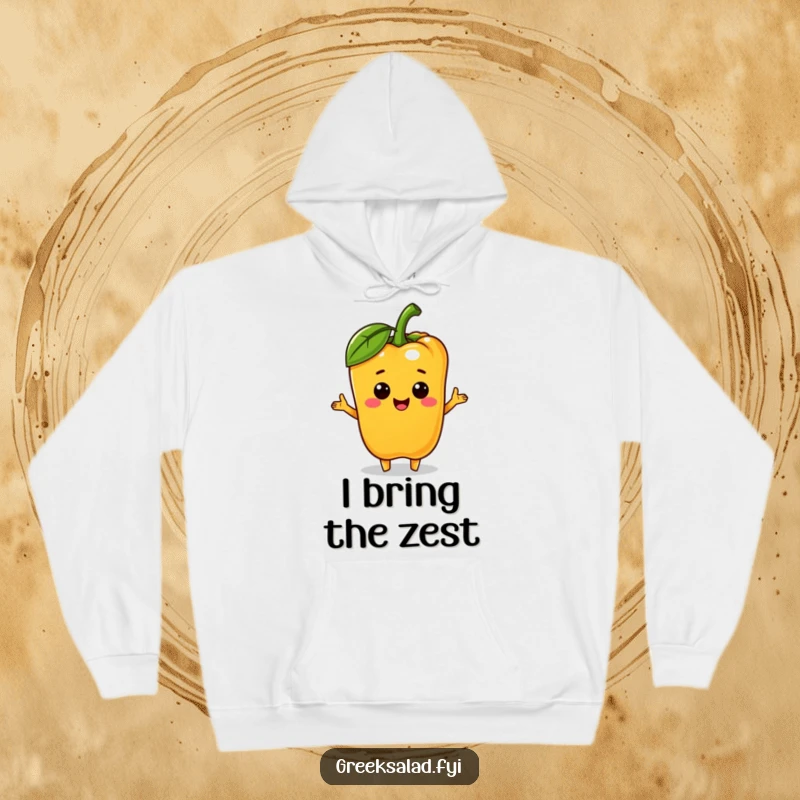 Funny bell pepper character offering a tiny olive on a cozy hoodie, symbolizing warm friendship and humorous generosity.