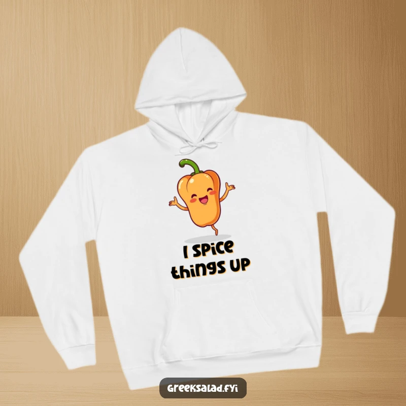 Funny hoodie featuring a cheerful bell pepper character doing a happy jig with a flourish, perfect for active and fun wear.
