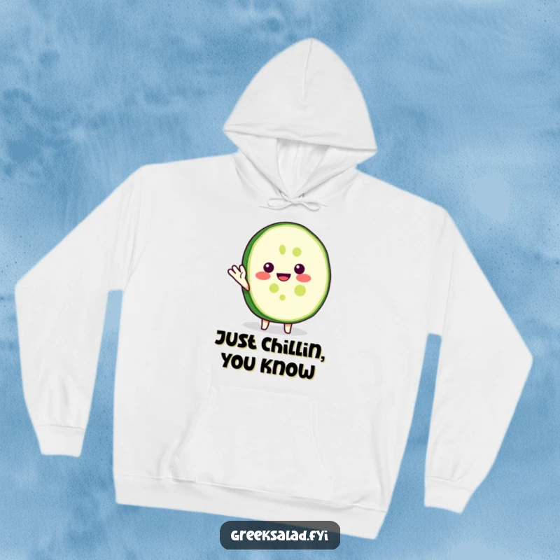 Funny hoodie showcasing a smiling cucumber slice character doing a cheerful wave, offering warmth and a dose of humor.