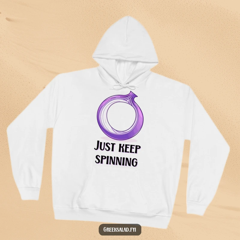 Funny purple onion ring spinning on its edge, depicted on a soft hoodie, offering warmth and humor.