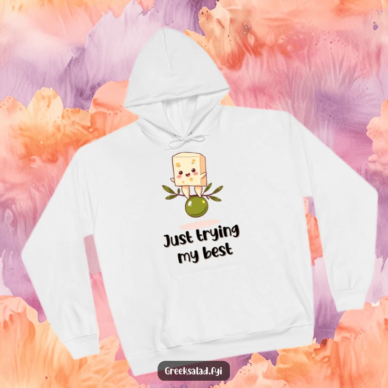 Funny hoodie featuring a feta cheese character precariously balancing on an olive, offering cozy and gourmet humor.