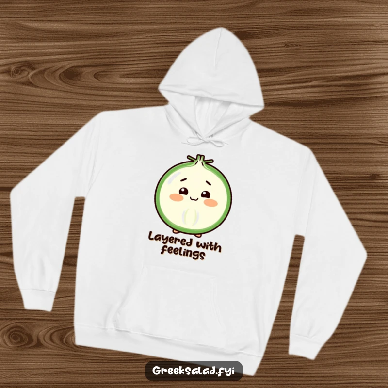Funny Hoodie displaying a cheerful onion slice in a shy, graceful bow, radiating warmth and gentle humor.