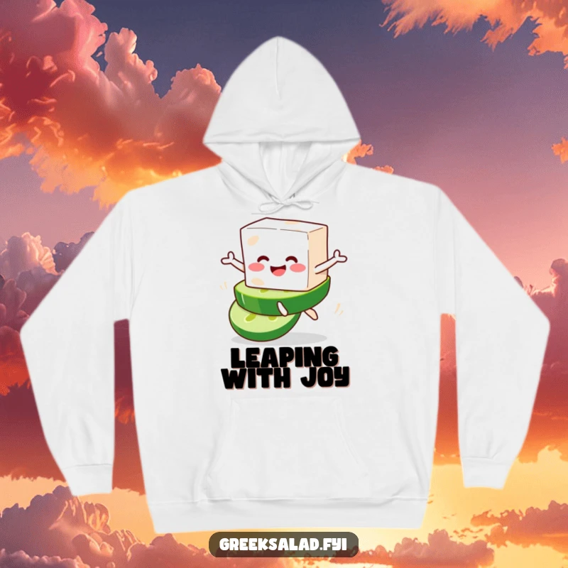 Funny hoodie featuring a cheerful feta cheese block character playfully leaping off a cucumber slice, radiating happiness.