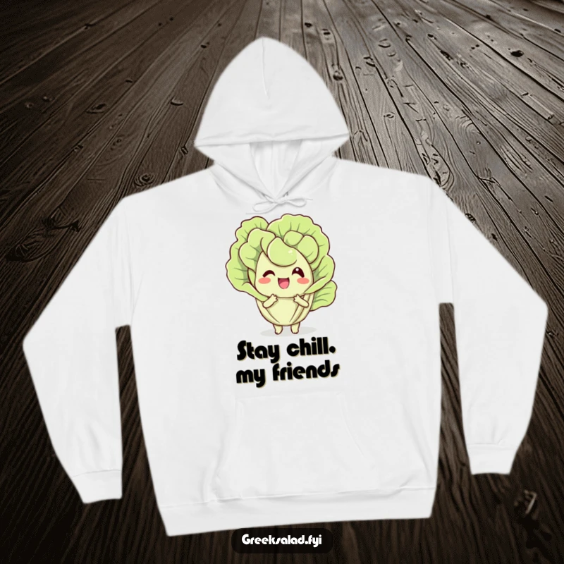 Funny hoodie featuring a cheerful lettuce leaf character happily fanning itself, perfect for cozy laughter and humorous warmth.