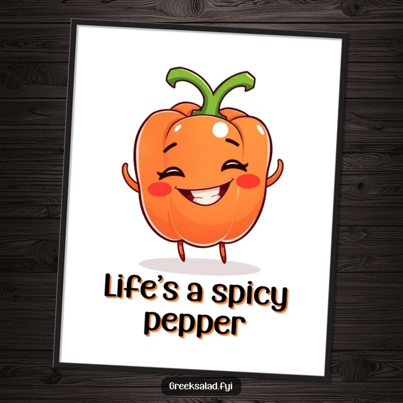 Funny Free Printable bell pepper wall art, a grinning pepper with a whimsical grin doing a spin, adding vibrant, playful humor.