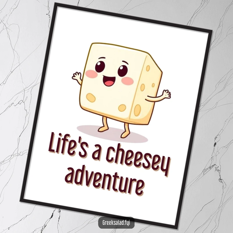 Funny Free Printable Feta cheese wall art, a gleeful cube with a wide smile dancing a jig, adding cheerful, cheesy vibes.